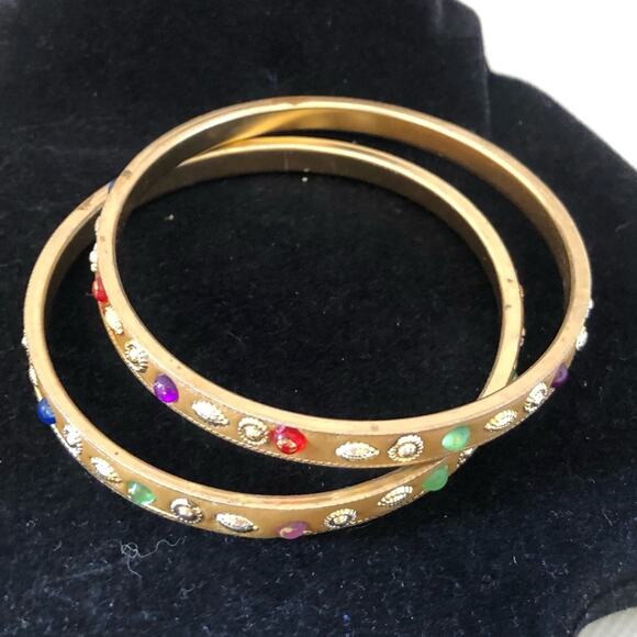 Two Multicolored Rhinestone Gold Stones Bangle Bracelets - Picture 4 of 16